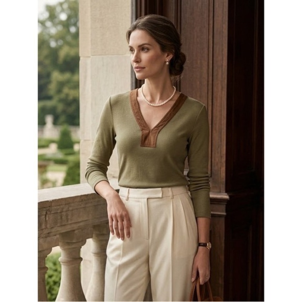 Lauren Ralph Lauren Olive Suede Trim 3/4 Sleeve Top L Heritage Preppy Elevated